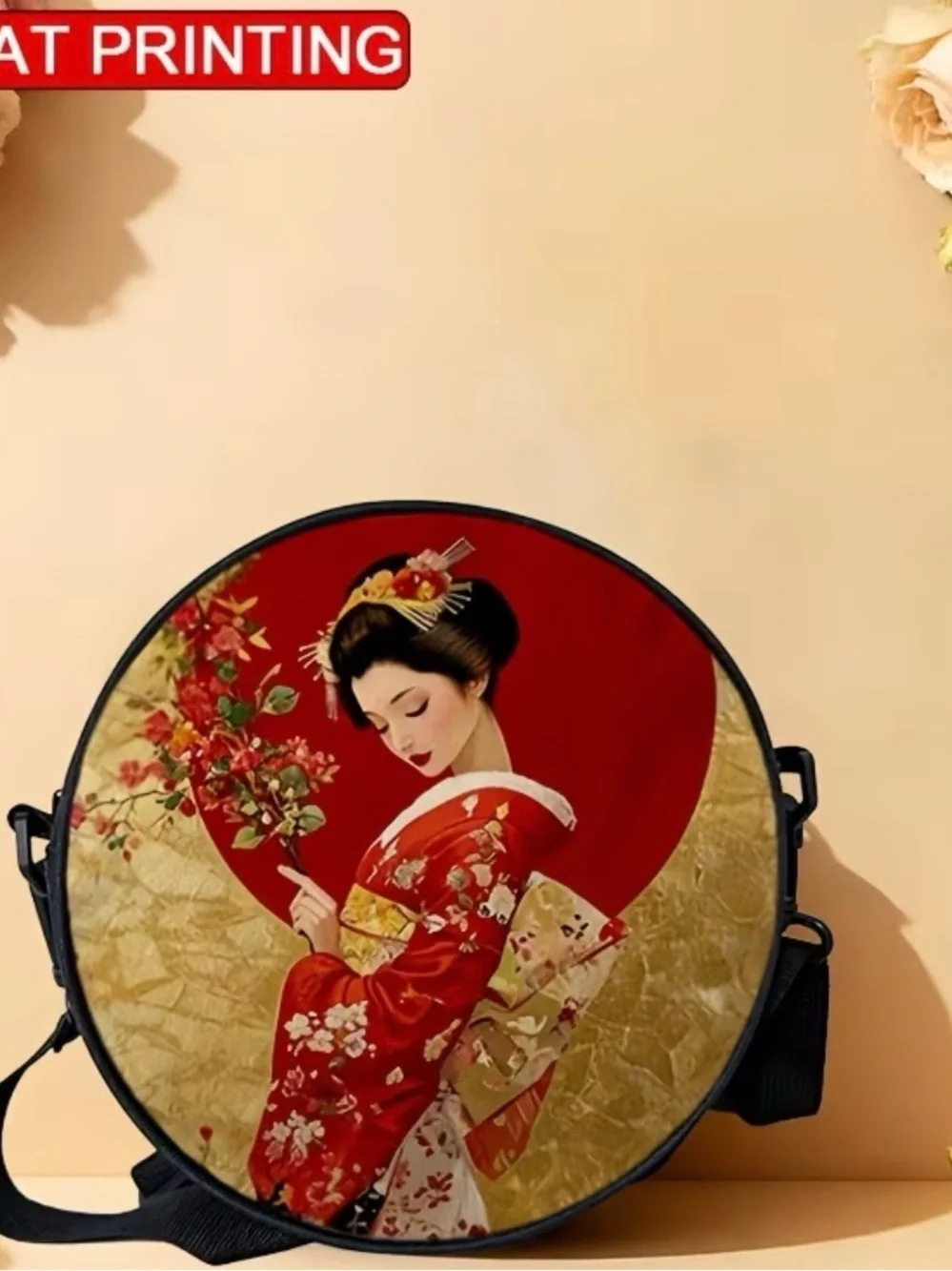 Round Black Crossbody Bag with Red Floral Geisha Print